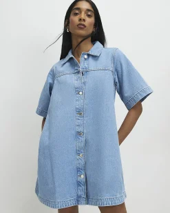 Blue Denim Short Sleeve Button Through Dress