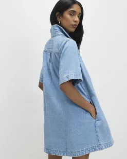 Blue Denim Short Sleeve Button Through Dress