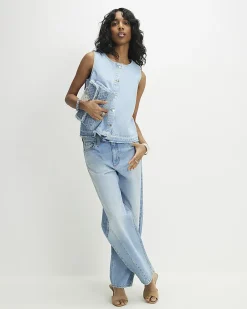 Blue Denim Sleeveless Raw Hem Top