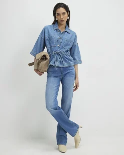 Blue Denim Tie Front Top