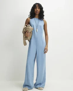 Blue Denim Wide Leg Jumpsuit