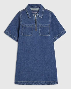 Blue Denim Zip Front Mini Shirt Dress
