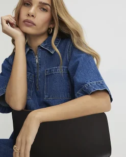 Blue Denim Zip Front Mini Shirt Dress