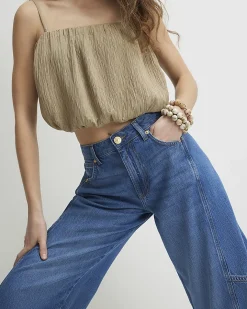 Blue Elastic Back Soft Barrel Leg Jeans
