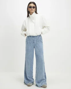 Blue Elasticated Dart Front Wide Leg Jeans