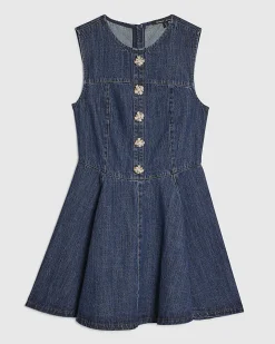 Blue Embellished Button Denim Mini Dress