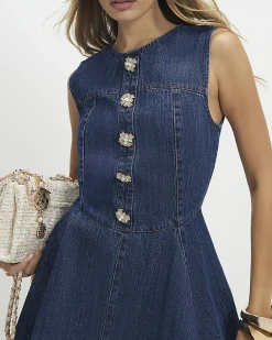 Blue Embellished Button Denim Mini Dress