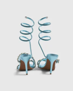 Blue Embellished Floral Wrap Heeled Sandals