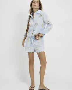 Blue Embroidered Crochet Shorts