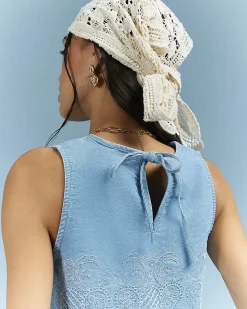Blue Embroidered Denim Shell Crop Top