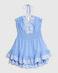 Blue Embroidered Strapless Ruffle Playsuit