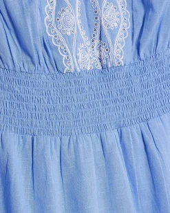 Blue Embroidered Strapless Ruffle Playsuit