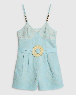 Blue Embroidered Straw Belt Detail Playsuit