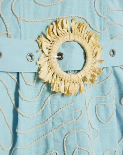 Blue Embroidered Straw Belt Detail Playsuit