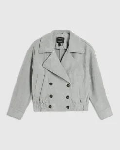 Blue Faux Suede Collared Bomber Jacket