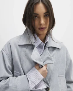 Blue Faux Suede Collared Bomber Jacket