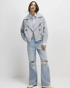 Blue Faux Suede Collared Bomber Jacket