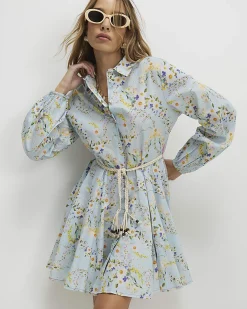 Blue Floral Belted Long Sleeve Shirt Dress