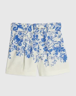 Blue Floral Boarder Print Linen Blend Shorts