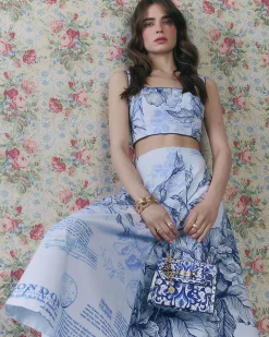 Blue Floral Border Print Midi Skirt