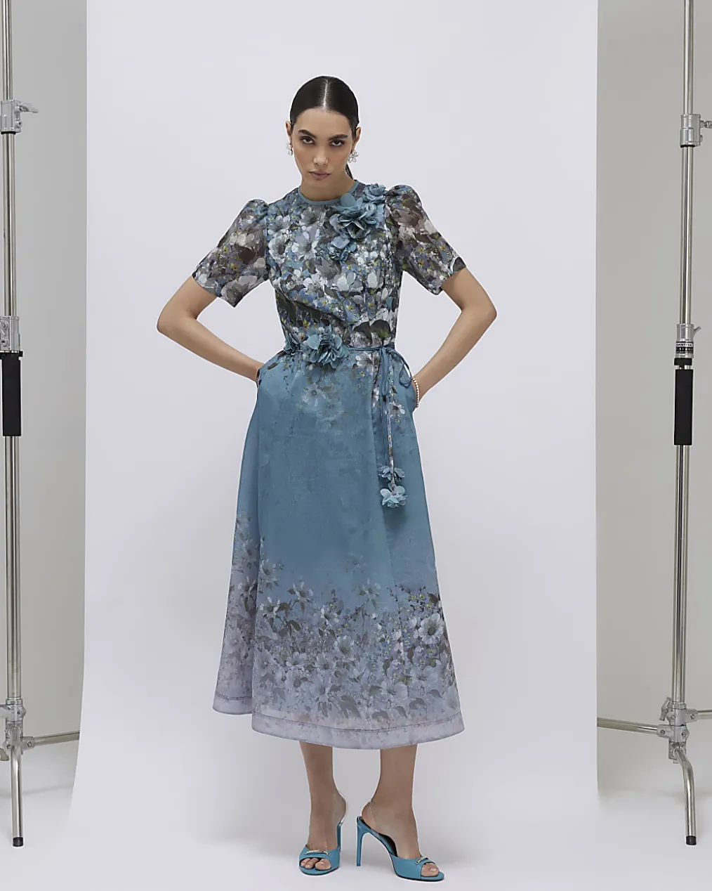 Blue Floral 3D Corsage Midi Dress