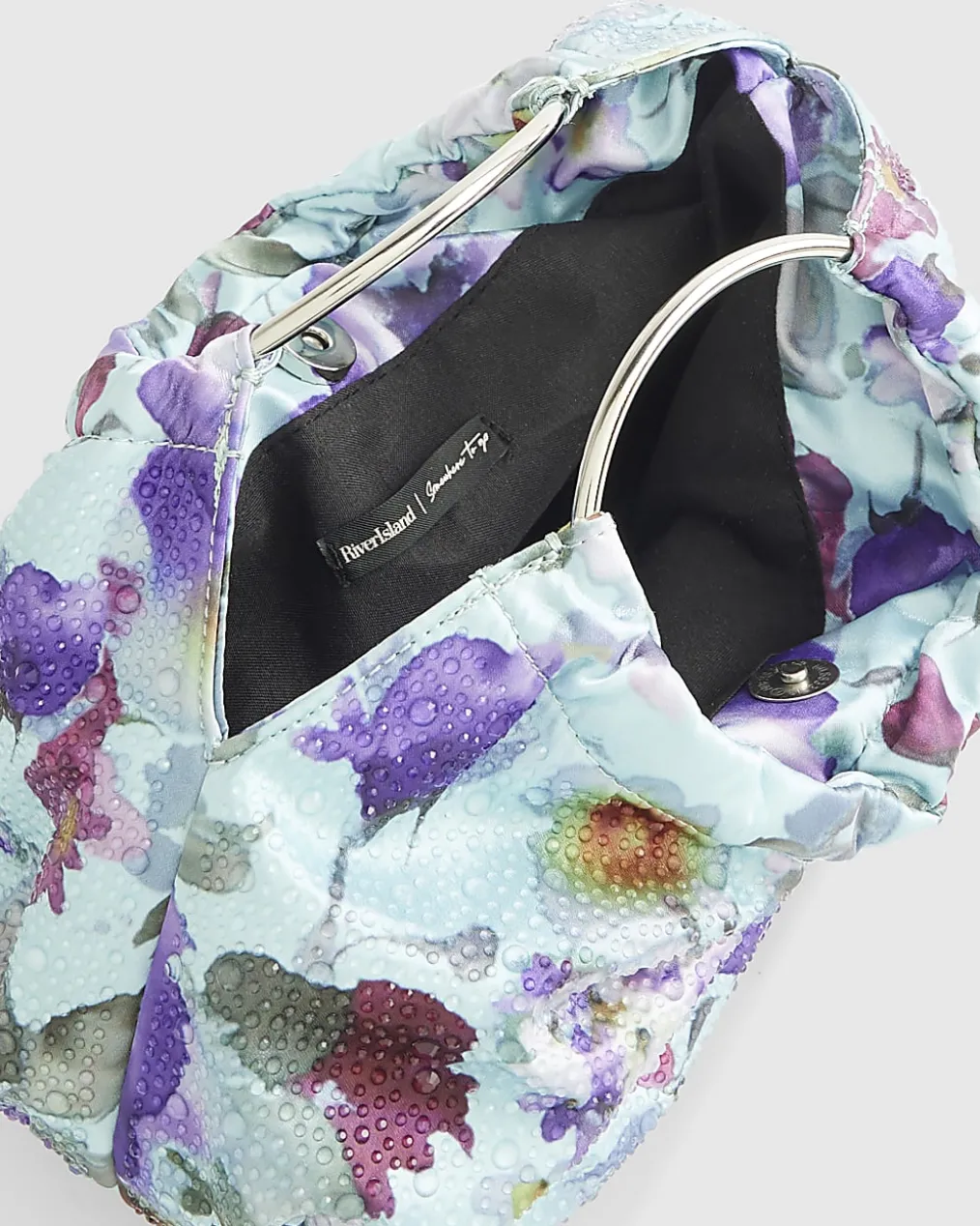 Blue Floral Embellished Grab Top Clutch Bag