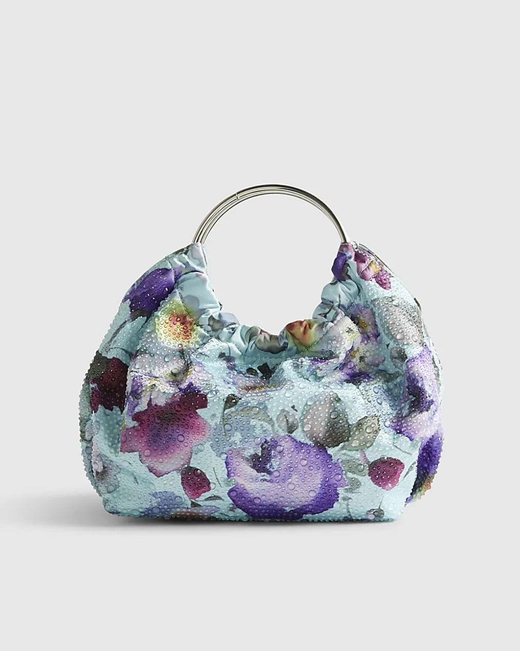 Blue Floral Embellished Grab Top Clutch Bag