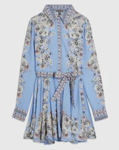 Blue Floral Godet Mini Shirt Dress