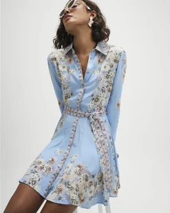 Blue Floral Godet Mini Shirt Dress