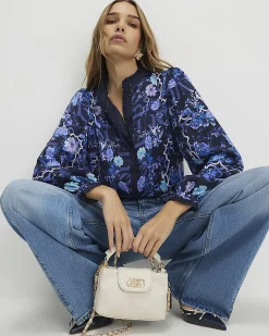 Blue Floral Long Sleeve Ruffle Blouse