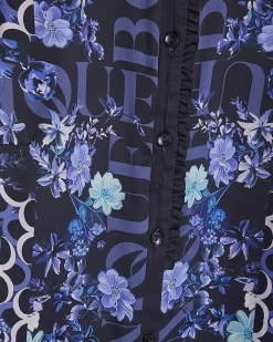 Blue Floral Long Sleeve Ruffle Blouse