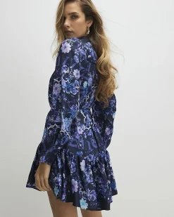 Blue Floral Mini Shirt Dress