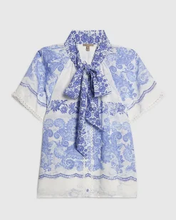 Blue Floral Pussybow Blouse