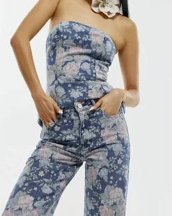 Blue Floral Relaxed Straight Jeans