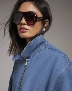 Blue Gather Detail Denim Bomber Jacket