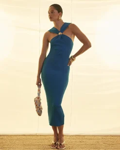 Blue Halter Neck Brooch Knitted Midi Dress