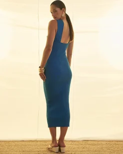 Blue Halter Neck Brooch Knitted Midi Dress