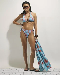 Blue High Leg Shirred Palm Bikini Bottoms