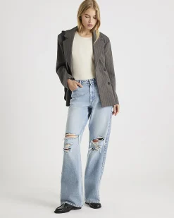 Blue High Rise Relaxed Straight Ripped Jeans