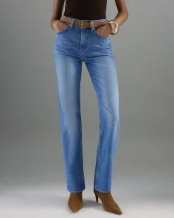 Blue High Waisted Belted Straight Leg Jeans