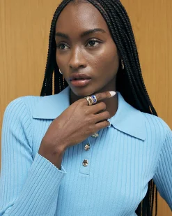Blue Knitted Long Sleeve Polo Top