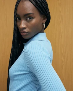 Blue Knitted Long Sleeve Polo Top