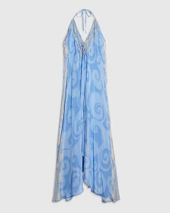 Blue La Mer Palm Print Halter Maxi Dress