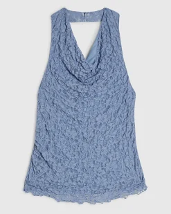 Blue Lace Halter Neck Cowl Neck Top