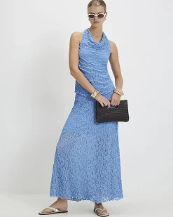 Blue Lace Halter Neck Cowl Neck Top