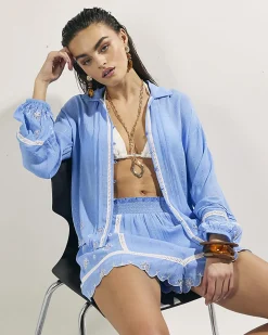 Blue Lace Trim Embellished Beach Shorts
