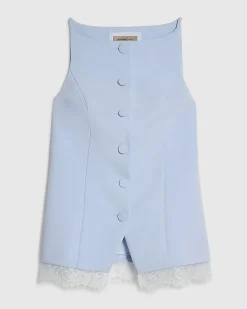 Blue Lace Trim High Neck Waistcoat