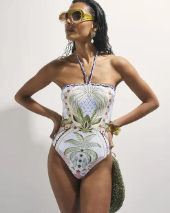 Blue Leaf Print Bandeau Swimsuit