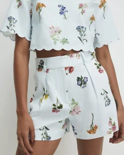 Blue Linen Blend Floral Tailored Shorts
