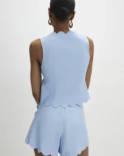 Blue Linen Blend Scallop Trim Shorts